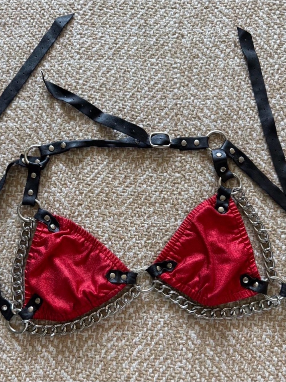 I.AM.GIA Red Satin Leather Chain Harness Bikini Top